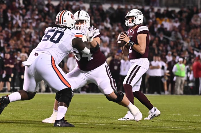 Nov 5, 2022; Starkville, Mississippi, USA; Mississippi State Bulldogs quarterback Will Rogers (2) looks to pass against the Auburn Tigers during the first quarter at Davis Wade Stadium at Scott Field. Mandatory Credit: Matt Bush-USA TODAY Sports